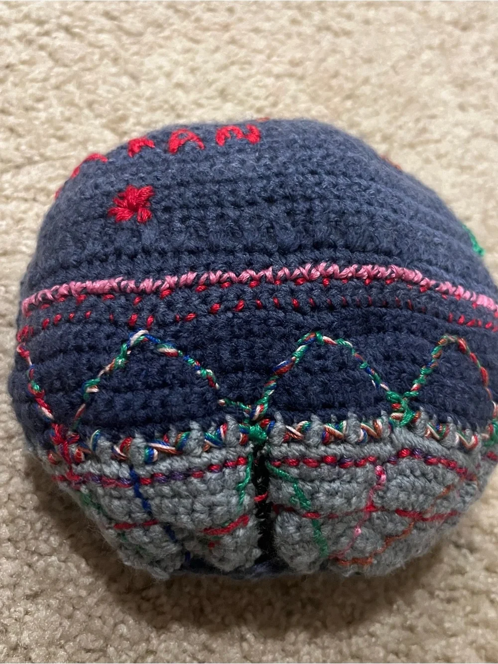 Handmade Crocheted Round Decorative Pillow – Embroidered Folk-Art Design